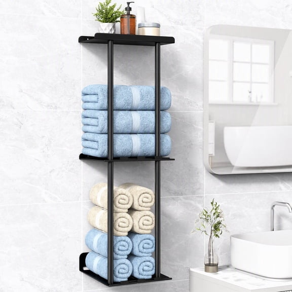 NUBILY Towel Rack for Bathroom, Wall Mounted Vertical Rolled Towel Storage Organizer Holder with Shelf, Holds Up 6 Large Bath Sheets, Black Large Size