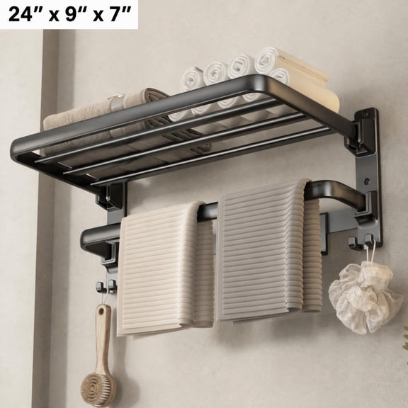 NUBILY Towel Racks for Bathroom, 24-Inch Towel Shelf with Towel Bar Foldable Towel Holder with 7 Hooks Towel Storage Organizer for Bathroom & Lavatory Wall Mounted(Matte Black)
