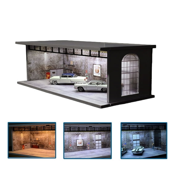 NUEIOVRW 1:64 Diorama Diecast Garage Model with 3-color model LED Lighting, Brightness Adjustable Parking Lot Model Display Case, Side Windows, Vintage industrial Scene Model Toys, 11.9*5.3*3.94 inch