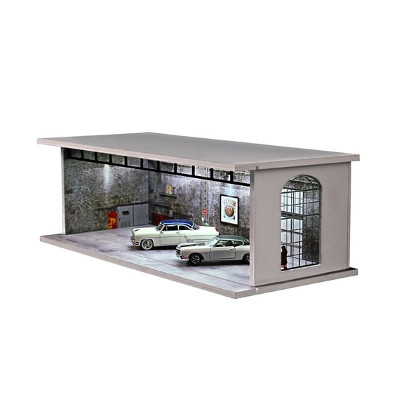 NUEIOVRW 1:64 Diorama European Garage Model, 3-Color LED Lighting Parking Lot Scene Display Case With Side Windows, Building Model Garage, Workshop Diorama