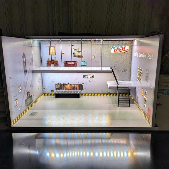 NUEIOVRW Diorama 1:64 2-Story Diecast Garage Model, Tri-color LED Lighting Repair Workshop Scene Model Display Case, American Workshop Scene Display Storage, Brightness Adjustable, Gift Toy