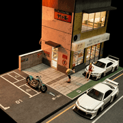 Diorama 164 Japanese 2 Story Garage Model, LED Lighting City Street Parking Lot Scene Display Case Building Model