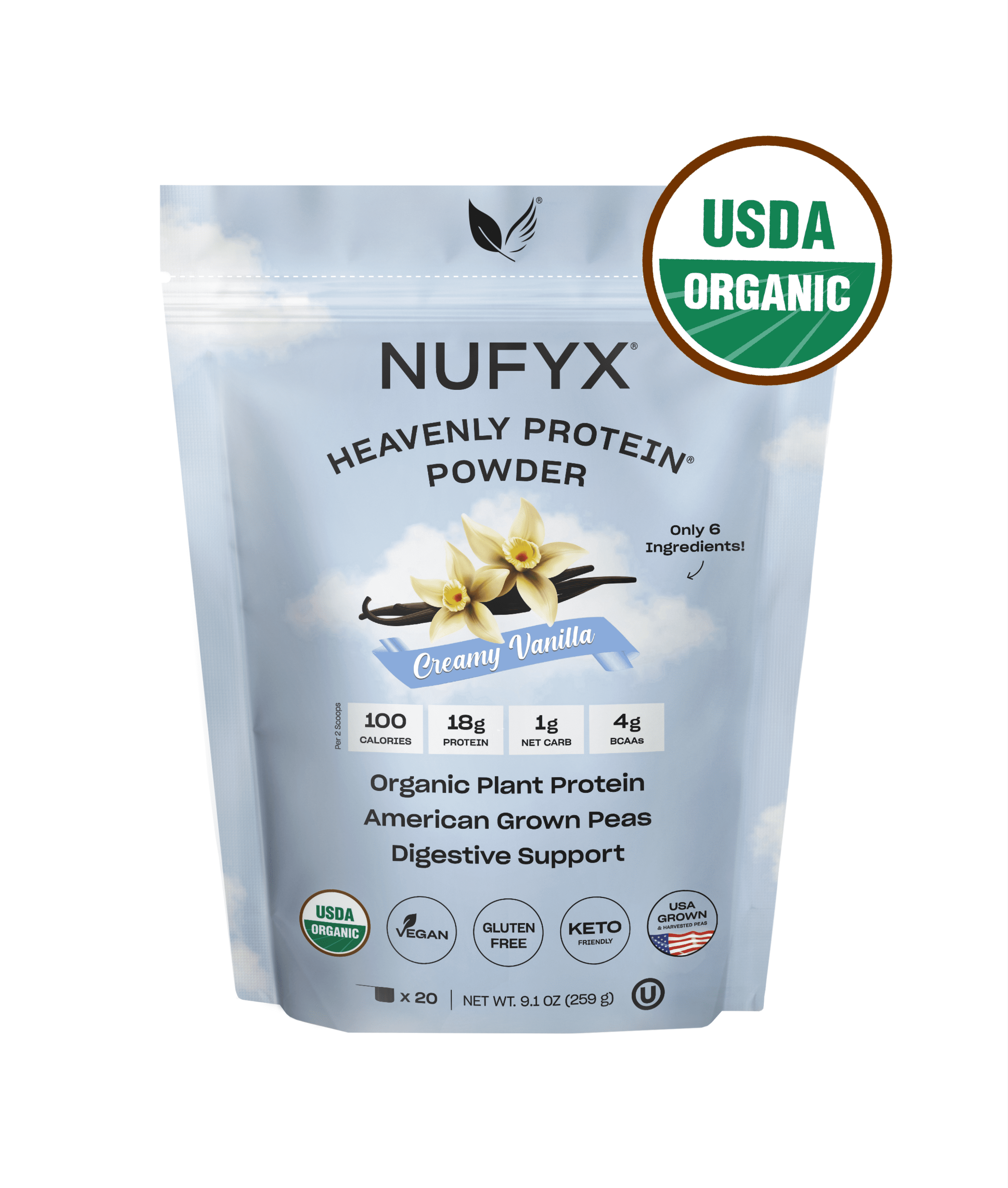 NUFYX® Heavenly Protein® Powder - Family Friendly Smoothie & Baking Mix - With 100% USA Grown Organic Peas - Clean - Vegan - Smooth Digestion, Creamy Vanilla 20 Scoops.