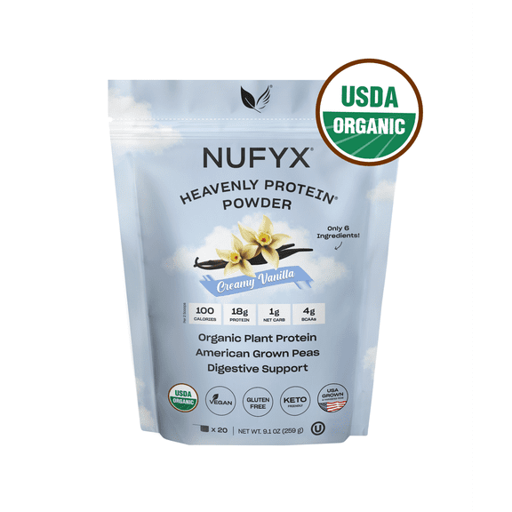 NUFYX Heavenly Protein Powder - Family Friendly Smoothie & Baking Mix - With 100% USA Grown Organic Peas - Clean - Vegan - Smooth Digestion, Creamy Vanilla 20 Scoops.