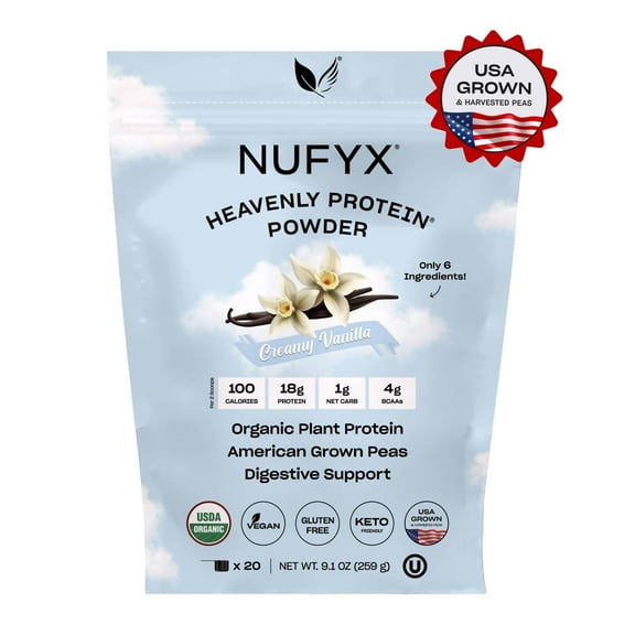 NUFYX Heavenly Protein Powder - Family Friendly Smoothie & Baking Mix - With 100% USA Grown Organic Peas - Clean - Vegan - Smooth Digestion, Creamy Vanilla 20 Scoops.