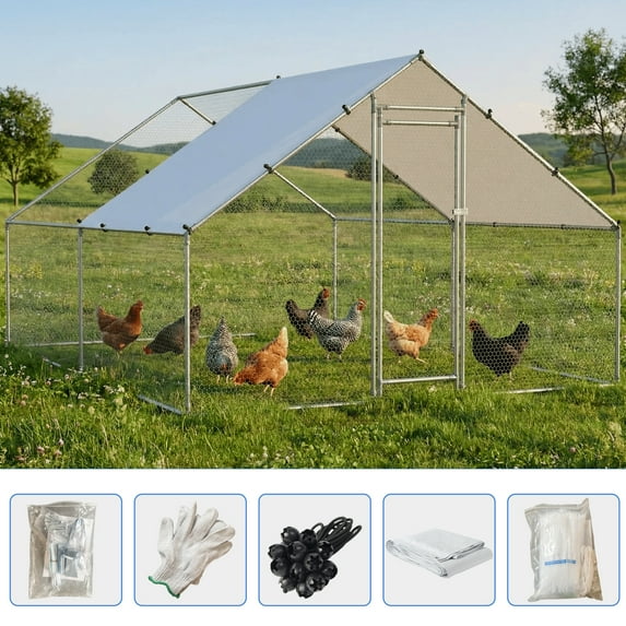 NUGRIART Large metal walk-in chicken coop with a waterproof, UV-resistant cover, suitable for outdoor yards and farms(19.5' L x 9.5' W x 6.45' H)
