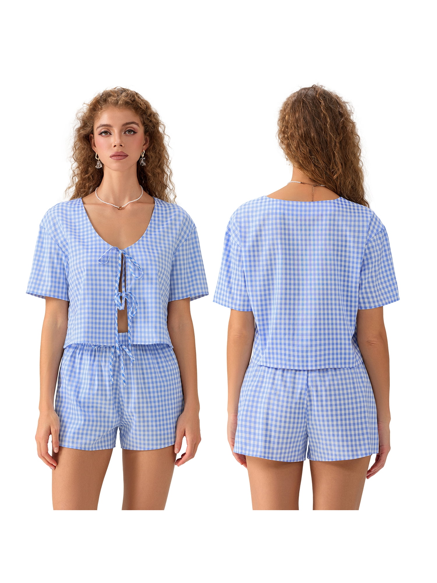 Plaid Front Lace-up Puff Sleeve Top and Elastic Waist Shorts Set