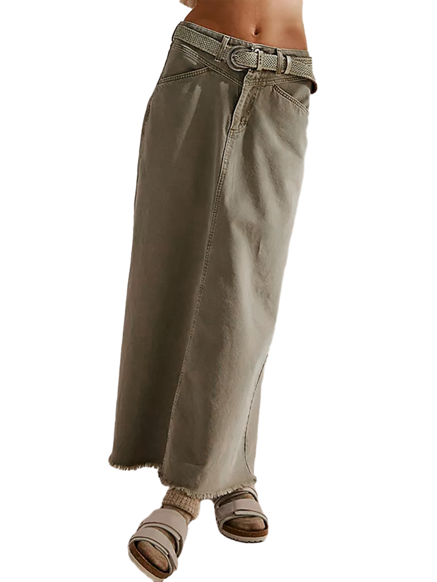 NUIDARAIO Women's Mid Waist Denim Skirt Solid Color Long A-line Skirt ...