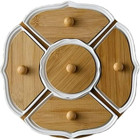 NUISISA Ceramic Divided Serving Bowls with Rotating Bamboo Base, Snack Tray Set with Lid, Nut & Dry Fruit Platter, 5-Compartment Lazy Susan for Party, Table & Home Use