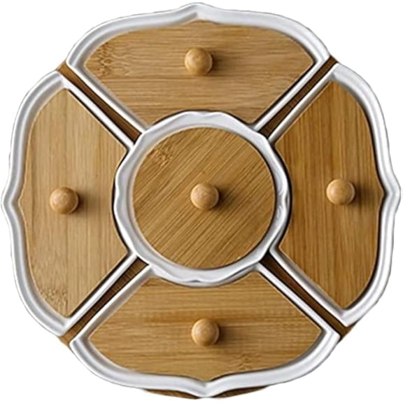NUISISA Ceramic Divided Serving Bowls with Rotating Bamboo Base, Snack Tray Set with Lid, Nut & Dry Fruit Platter, 5-Compartment Lazy Susan for Party, Table & Home Use