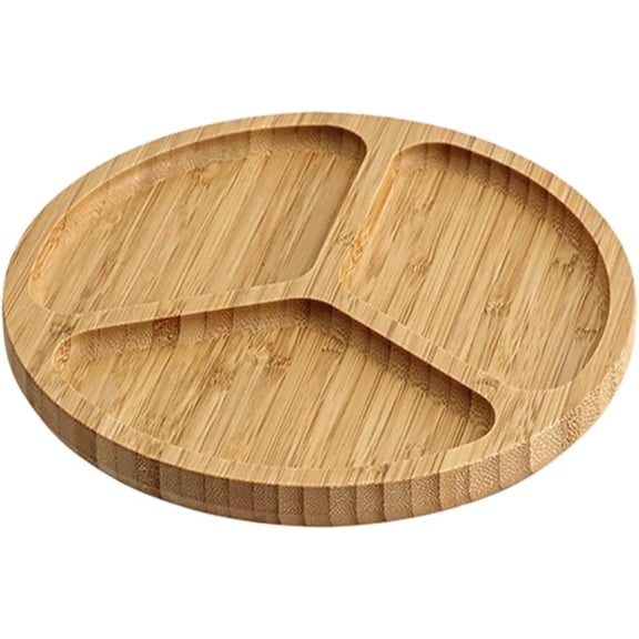 NUISISA Food Serving Tray with 3 GridsRound Bamboo Nuts Tray, Dessert Fruit Veggie Food Serve Plate Tray for Party, Family Dinner