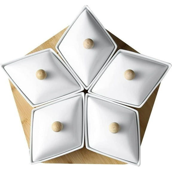 NUISISACeramic Divided Serving Tray with Bamboo Wooden Tray and Lid, 5 Compartment Nut Platter for Snacks, Dried Fruits, Nuts, Appetizers, and Condiments - Ideal for Parties & Gatherings