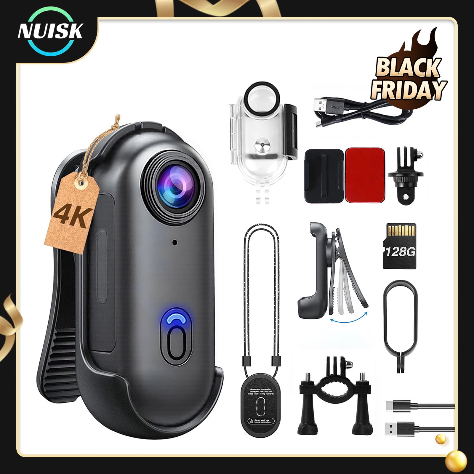 NUISK 4K Thumb Action Camera 128GB, WiFi Magnetic Mini Body Cam, Waterproof, Hands Free, Ideal for Pet and Outdoor RecordingBlack