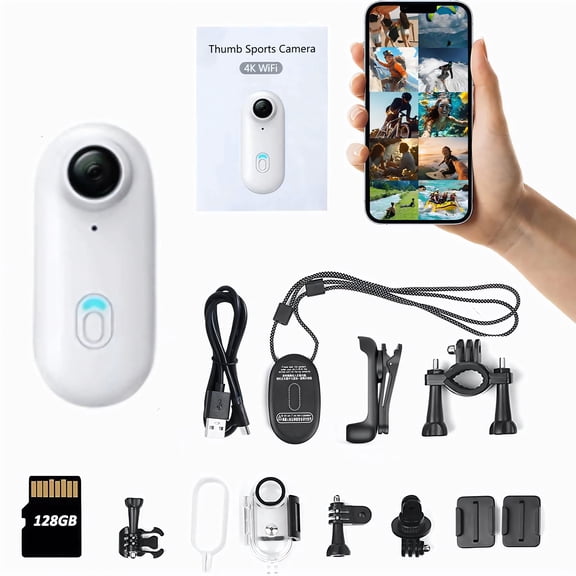 NUISK 4K Mini Action Camera with Wi-Fi, 128GB Memory, Waterproof Case, Bike Mount, and Accessory Kit - White