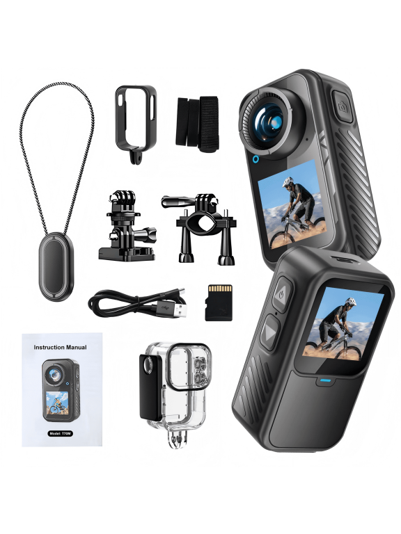 4K Mini Action Camera, 64GB Card, Magnetic Mount, Lanyard, Wi-Fi, Black