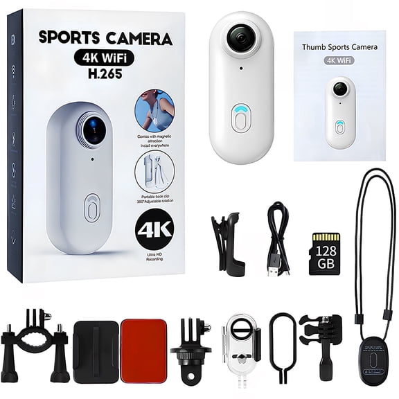 NUISK 128GB 4K Thumb Camera, WiFi Mini Action Body Cam, Waterproof, Magnetic Mount, Ideal for Biking and Pet Videos(White)