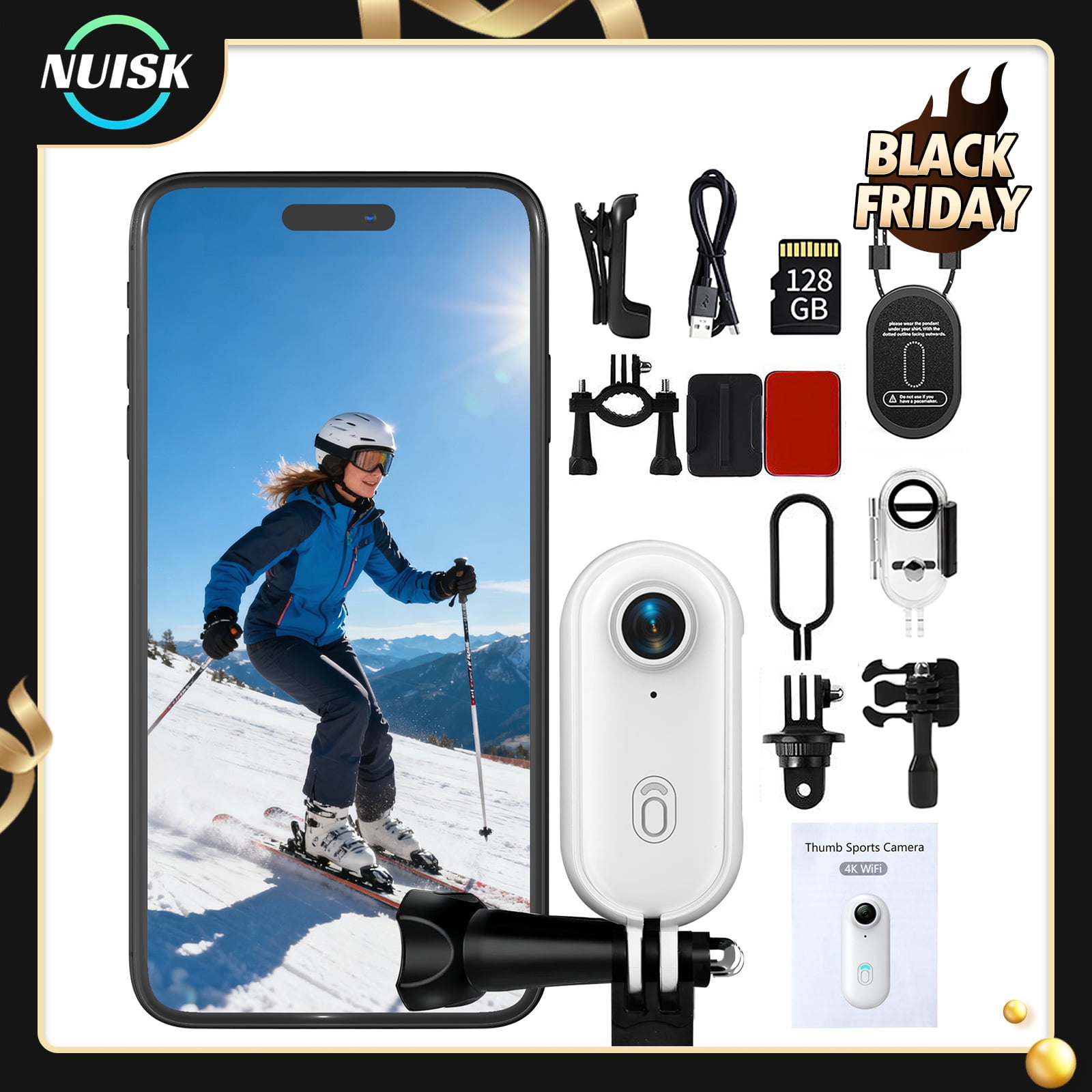 NUISK 128GB 4K Thumb Camera, WiFi Mini Action Body Cam, Waterproof, Magnetic Mount, Ideal for Biking and Pet Videos(White)