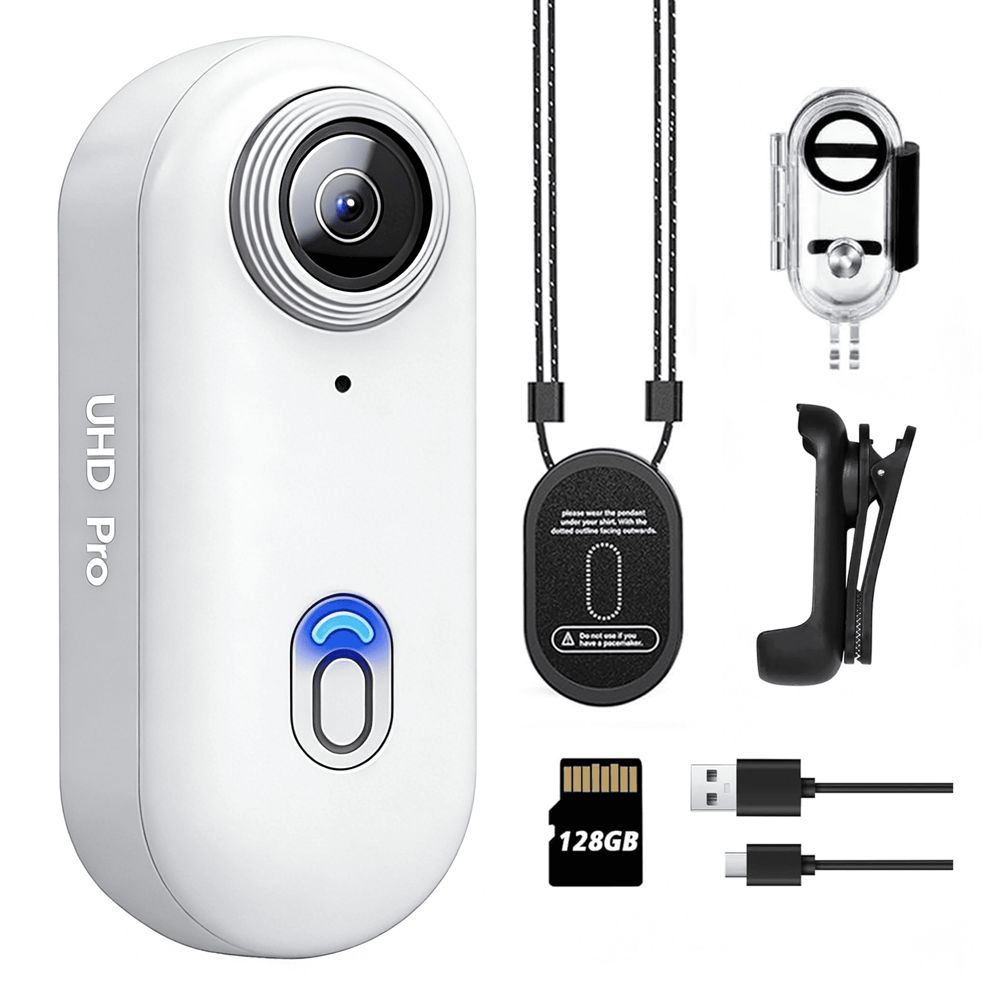 NUISK Mini Action Camera 4K, Wearable Magnetic Body Cam with 128GB SD Card, Hands-Free WiFi Camcorder for Vlogs and Sports (White)