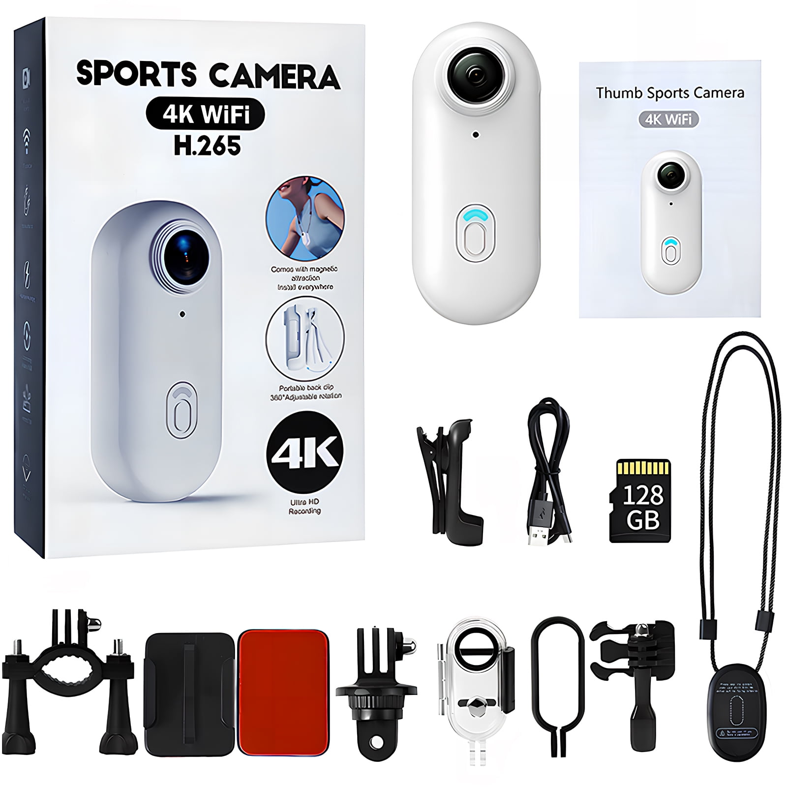 NUISK 128GB 4K Thumb Camera, WiFi Mini Action Body Cam, Waterproof, Magnetic Mount, Ideal for Biking and Pet Videos(White)