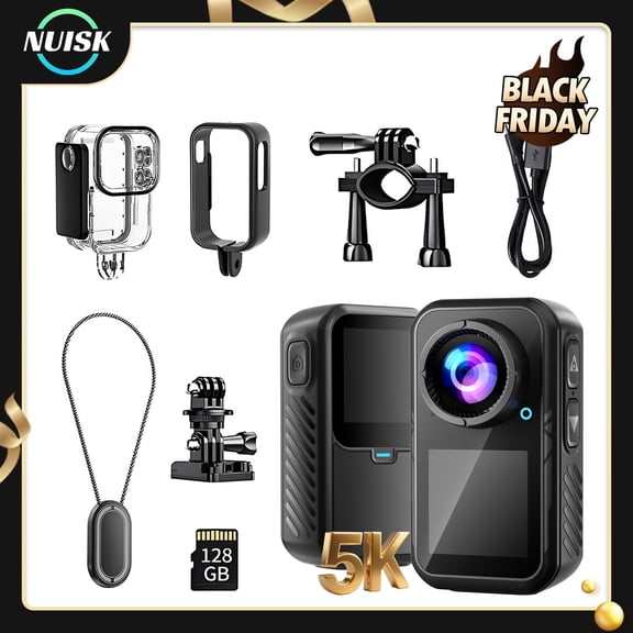 NUISK 4K Thumb Cam 128GB, Wearable Waterproof POV Sports Camera with EIS for Cycling, Swimming, Running, Snowboarding