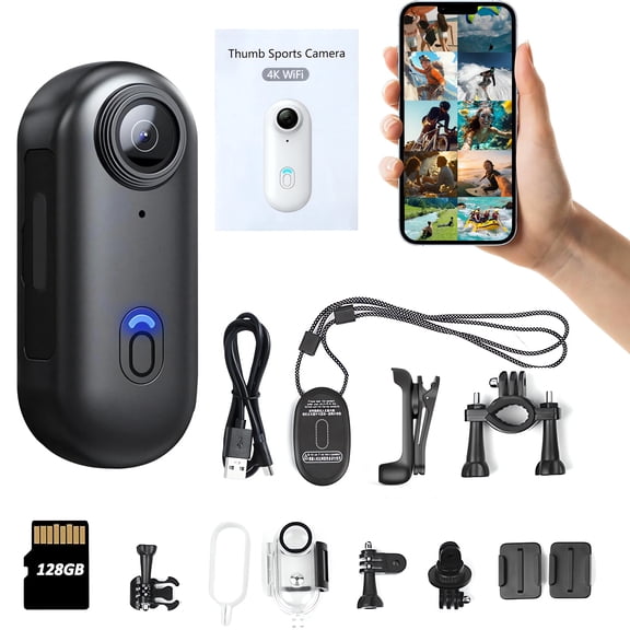 NUISK 4K WiFi Mini Action Camera 128GB Magnetic Thumb Waterproof 360 Degree Rotatable Back Clip Handlebar Mount Black