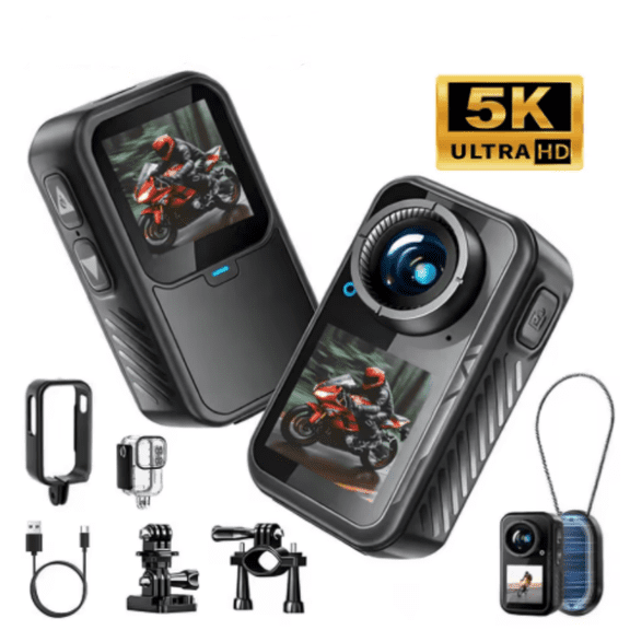 NUISK Dual-Screen 4K 64GB Action Camera with Front and Rear LCD Displays, IP68 Waterproof Mini Body Camera, Wi-Fi Streaming & Full Mounting Kit.
