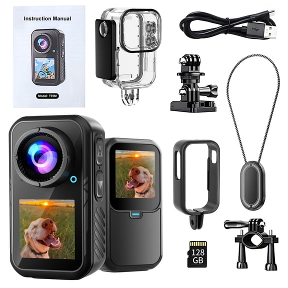 NUISK 4K Mini Action Camera, EIS Stabilization, 130° Wide Angle, Dual Touchscreen, Pre-Record, Waterproof for Vlogging, Outdoor Adventures(Black, 128, GB)