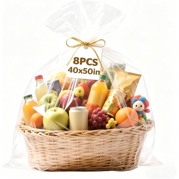 NUITPY 8 Pcs Large Cellophane Bags, 40 x 50 Inchs Wrap for Gift Baskets, Durable Plastic Bag, Clear Basket Bag - Complimentary Golden Twist Ties