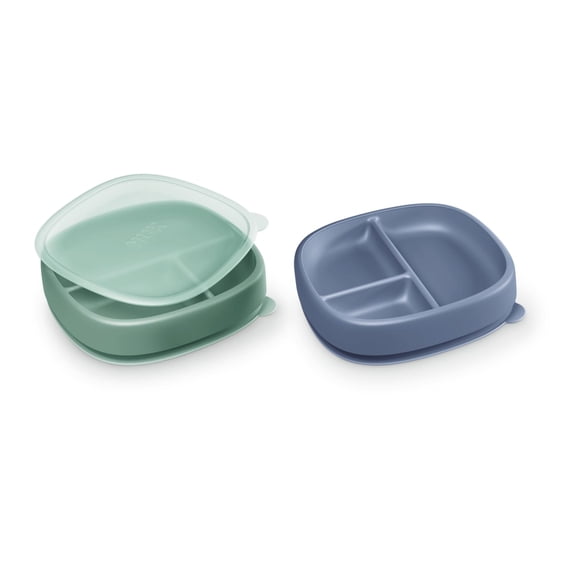 NUK First Choice Toddler Baby Suction Plates with Lids, 6+ Months, Blue/Green, 2 Pack