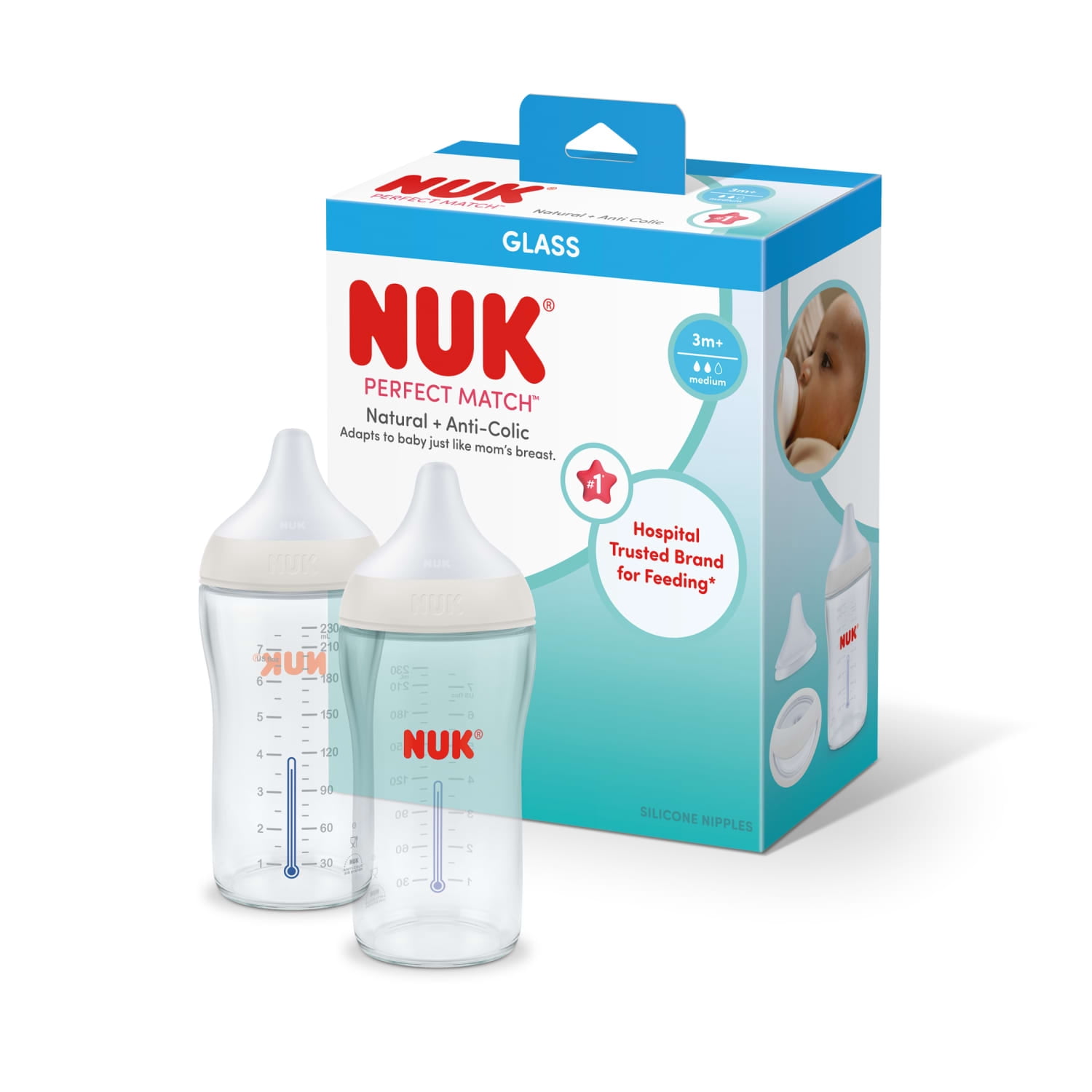 NUK Perfect Match Glass Bottle, 8 oz, 2 pk