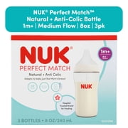NUK Perfect Match Anti-Colic Baby Bottle, Medium Flow Silicone Nipple, 8 oz, 3-Pack