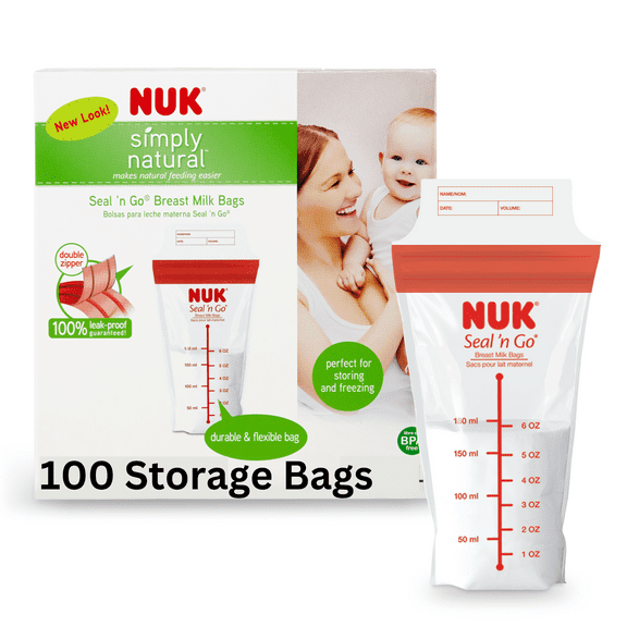 NUK Seal 'n Go Simply Natural Breast Milk Bags, 100 Pre-Sterilized Storage Bags, 6 oz (180 ml)