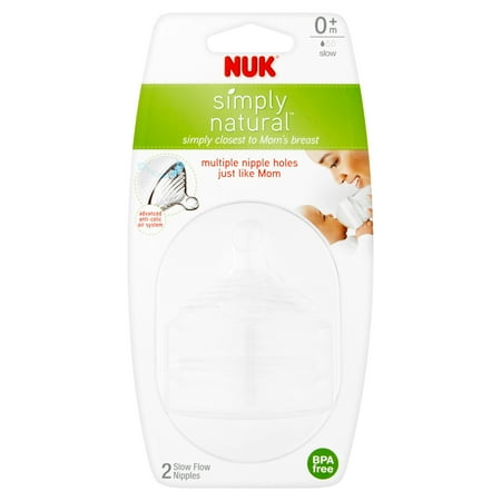 NUK Simply Natural Slow Flow Bottle Nipples, 2 Pack, 0+ Months, Silicone