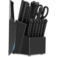 thumbnail image 1 of NULAS 14-piece Stainless Steel Kitchen Knife Set with Block and Sharpener, Black, 1 of 7