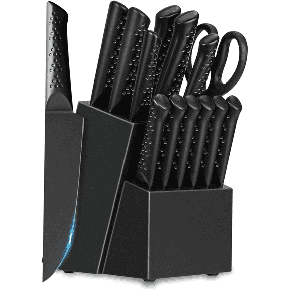 NULAS 14-piece Stainless Steel Kitchen Knife Set with Block and Sharpener, Black