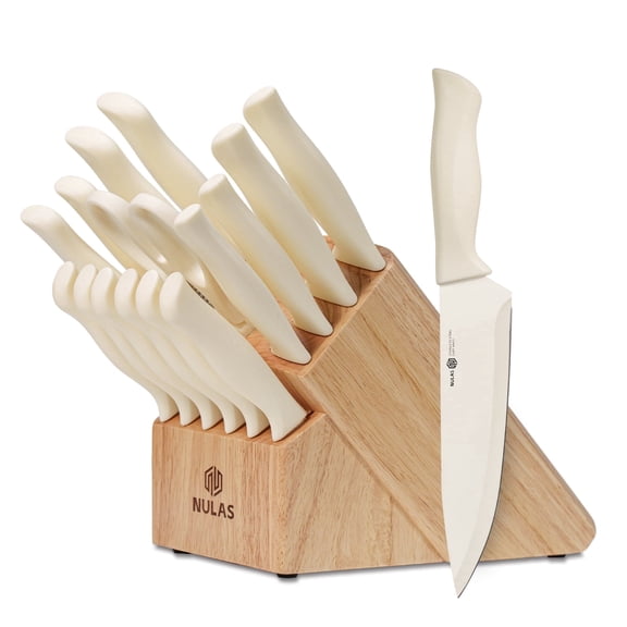 NULAS Knife Set,  17-Piece with Block & Sharpener, Kitchen Knife Set, Dishwasher Safe High Carbon Stainless Steel, Non-Stick Anti-Rust Coating, Beige