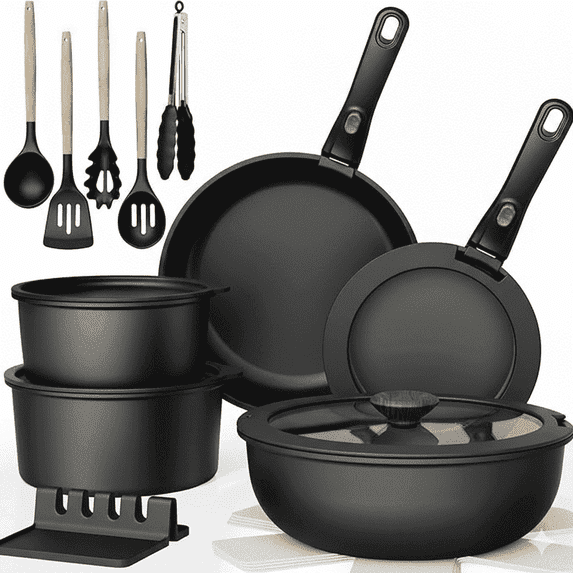NULAS 21 Piece Pots and Pans Set Non Stick, Stackable RV Kitchen Cooking Set , Cookware Set with Detachable Handle, Dishwasher Safe, Oven Safe, Black