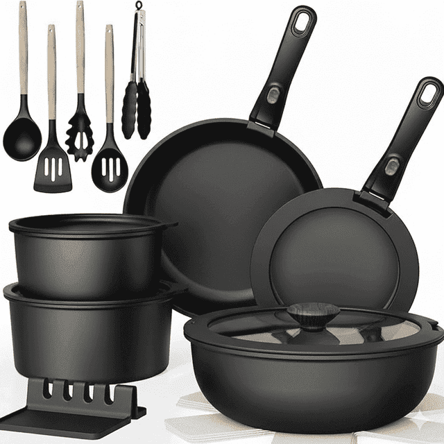 NULAS 21 Piece Pots and Pans Set Non Stick, Stackable RV Kitchen Cooking Set , Cookware Set with Detachable Handle, Dishwasher Safe, Oven Safe, Black