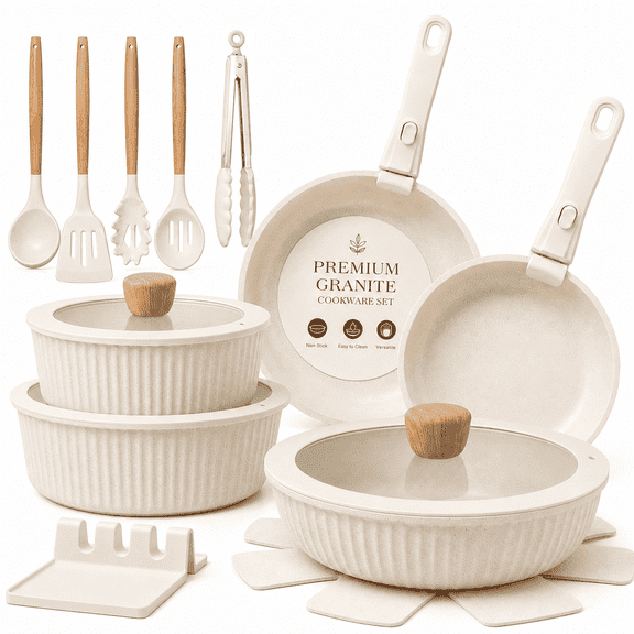NULAS 22 Piece Pots and Pans Set Non Stick, Stackable RV Kitchen Cooking Set , Cookware Set with Detachable Handle, Dishwasher Safe, Oven Safe, Cream White