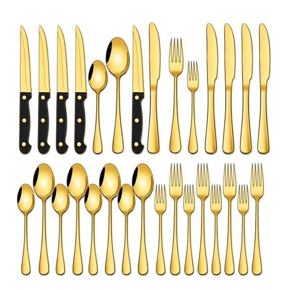 NULAS 24-Piece Silverware Set, Mirror Polish Stainless Steel Flatware Set. Includes Steak Knives, Dishwasher Safe for Home & Restaurant, Gifts, Gold.