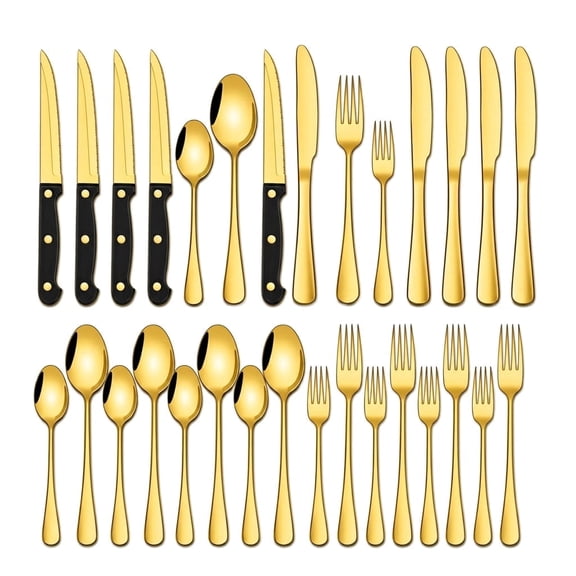 NULAS 24-Piece Gold Silverware Set, Stainless Steel Flatware Set. Includes Steak Knives, Dishwasher Safe for Home & Restaurant, Gifts, Gold.