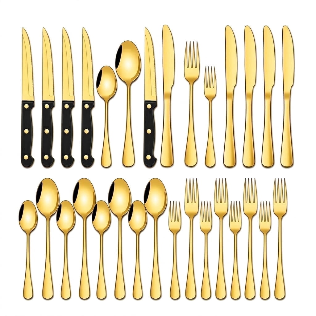NULAS 24-Piece Gold Silverware Set, Stainless Steel Flatware Set. Includes Steak Knives, Dishwasher Safe for Home & Restaurant, Gifts, Gold.