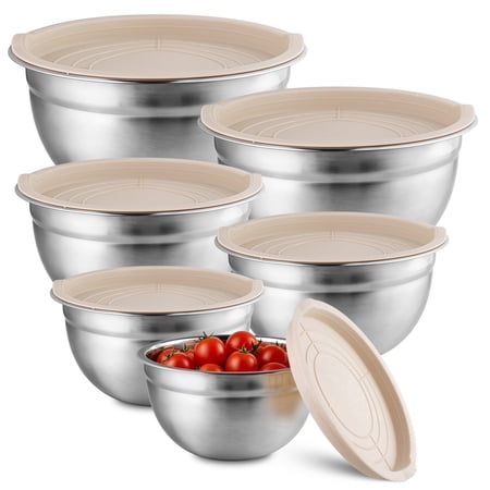 NULAS 6-Piece Stainless Steel Mixing Bowl Set with Lids, Nesting Metal Bowls for Kitchen – 4.5/3.5/2.5/2/1.5/1 qt, Great for Prep, Baking & Serving, Khaki