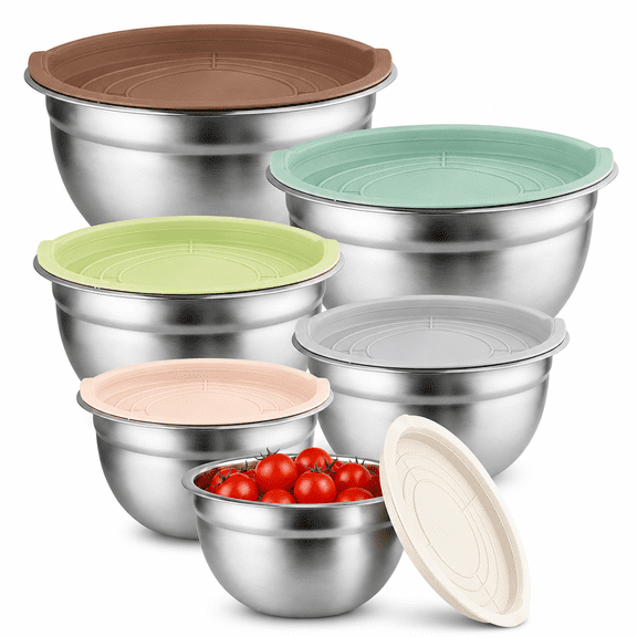 NULAS 6-Piece Stainless Steel Mixing Bowl Set with Lids, Nesting Metal Bowls for Kitchen – 4.5/3.5/2.5/2/1.5/1 qt, Great for Prep, Baking & Serving, Multicolor