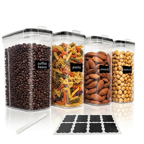 NULAS Airtight Food Storage Containers with Lids, 4pcs BPA-Free Plastic Meal Prep Containers & Kitchen Pantry Organization Canisters for Cereal, Dry Food, Flour and Sugar, 135.2 fl oz,Black