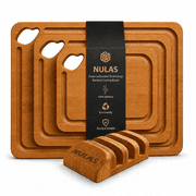 NULAS 4-Piece Wood Cutting Board Set, Bamboo Chopping Board for Kitchen with Holder, Juice Grooves & Easy-Grip Handles, Charcuterie Board for Chopping Meat, Veg