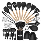 NULAS Kitchen Utensils Set, 37 pcs Non-Stick Silicone Cooking Kitchen Utensils Spatula Set with Holder,446℉ Heat Resistant,Wood Handle Kitchen Gadgets,Black