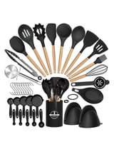 NULAS Kitchen Utensils Set, 37 pcs Non-Stick Silicone Cooking Kitchen Utensils Spatula Set with Holder,446℉ Heat Resistant,Wood Handle Kitchen Gadgets,Black