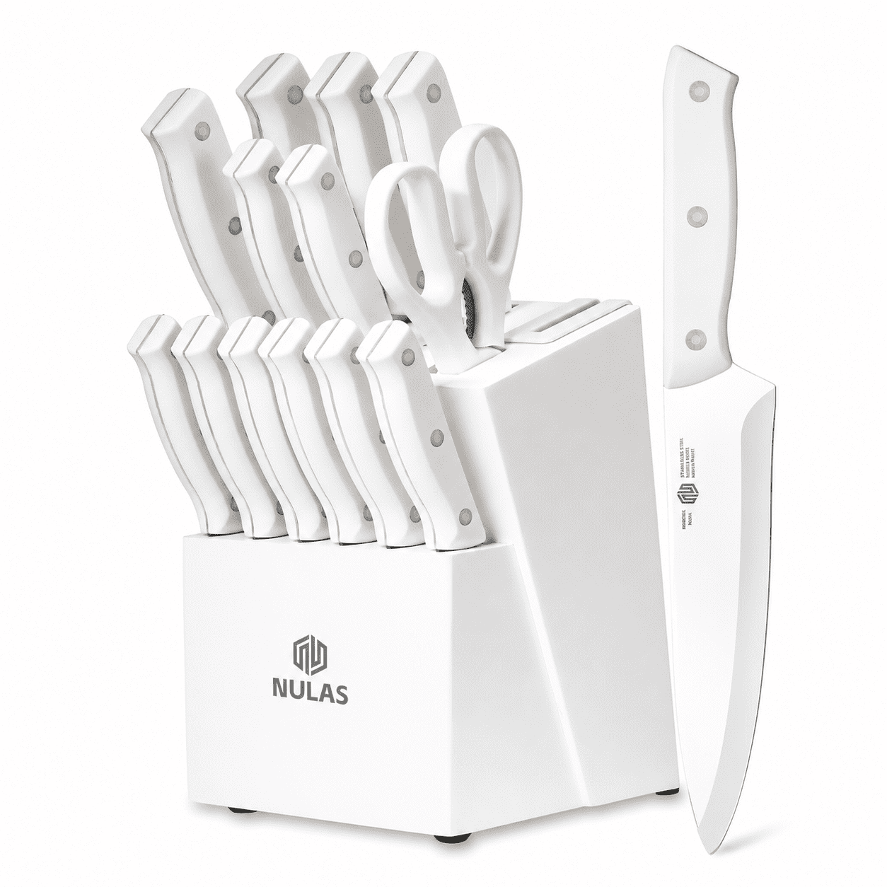 NULAS Knife Set, 14 Piece Kitchen Knife Set with Block Self Sharpening, Stainless Steel Dishwasher Safe, Anti-slip Handle, White