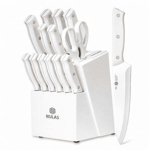 NULAS Knife Set, 14 Piece Kitchen Knife Set with Block Self Sharpening, Stainless Steel Dishwasher Safe, Anti-slip Handle, White